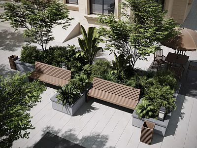 Landscape Benches Surrounded By Green Plants And Trees In Outdoor Paved Area 3d model