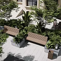 Landscape Benches Surrounded By Green Plants And Trees In Outdoor Paved Area