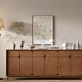 Modern Minimalist Walnut Console Cabinet With Floor Lamp Potted Plant And Decorative Items