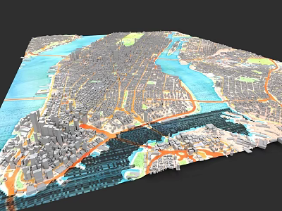 Detailed 3D Model of Urban Buildings with River and Road Network Layout 3d model