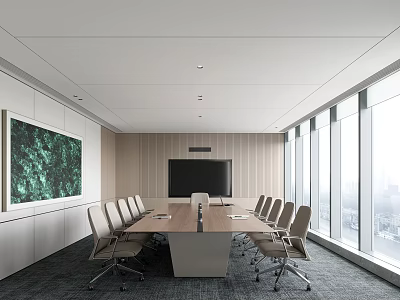 Modern Conference Room Interior With Long Table Comfortable Chairs Large Monitor And City View Windows 3d model