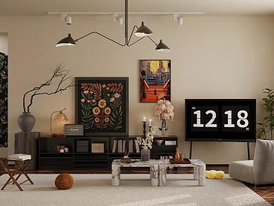 Modern Living Room Interior Design With Hanging Lights Decorative Paintings TV Coffee Table And Rug 3d model