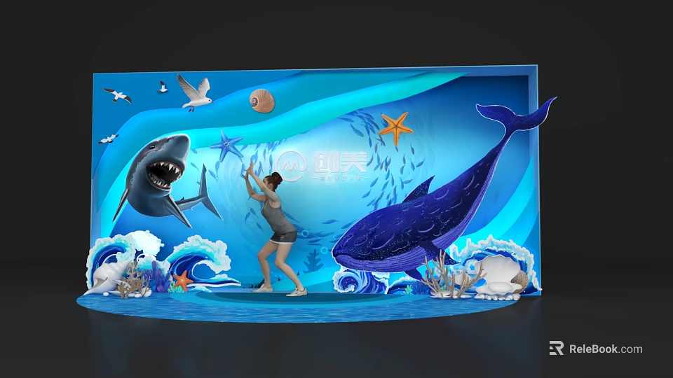 Ocean Themed Photo Spot With Shark Whale Seagulls Waves Shells And Starfish 3d model 