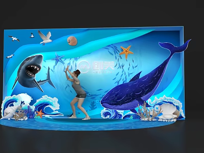 Ocean Themed Photo Spot With Shark Whale Seagulls Waves Shells And Starfish 3d model