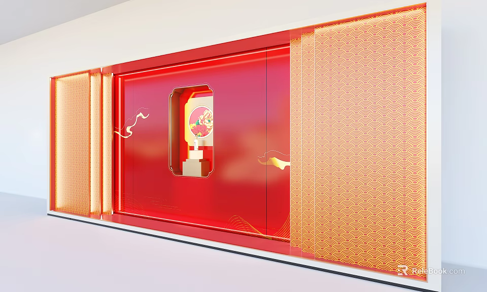 Decorative Red Background Wall With Orange Wave Pattern Glass Window And Golden Decoration 3d model 