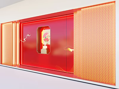 Decorative Red Background Wall With Orange Wave Pattern Glass Window And Golden Decoration 3d model