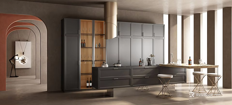 Modern Kitchen Interior With Brass Range Hood Dark Cabinets Island Counter And Wooden Accents 3d model 