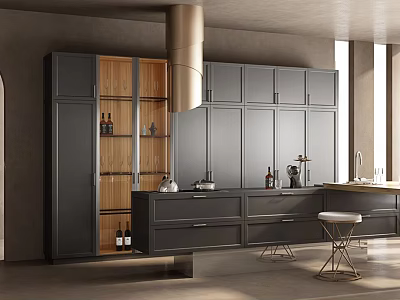 Modern Kitchen Interior With Brass Range Hood Dark Cabinets Island Counter And Wooden Accents 3d model