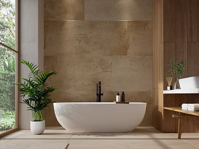 Modern Bathroom Interior With White Bathtub Beige Stone Wall Wooden Accents And Green Plant 3d model