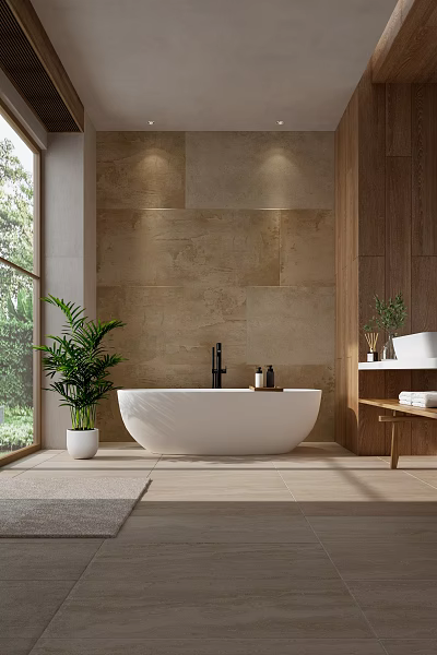 Modern Bathroom Interior With White Bathtub Beige Stone Wall Wooden Accents And Green Plant 3d model
