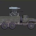 Military Tank Loaded on Camouflage Truck with Six Wheels and Rocket Launcher