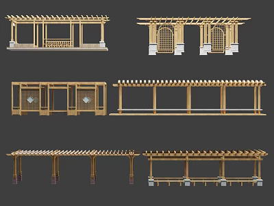Wooden Garden Pergola Structures With Various Designs Columns And Lattice Panels 3d model