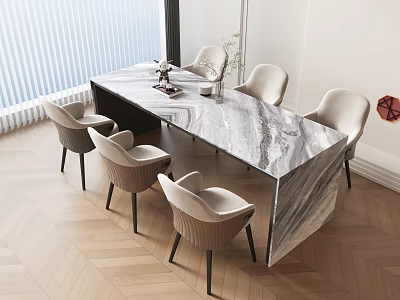 Modern Dining Table Set With Marble Top And Six Beige Chairs In Room 3d model