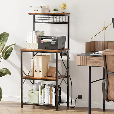 Wooden Metal Multi Layered Office Storage Shelf With Books Folders And Printer 3d model