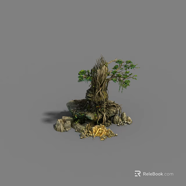 Realistic Arbor Tree With Exposed Roots Green Foliage And Rock Base 3d model 