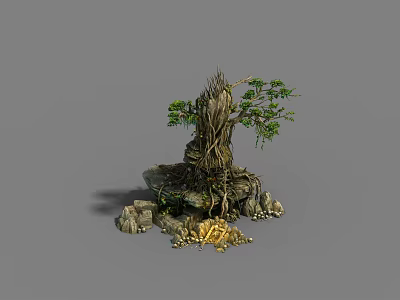 Realistic Arbor Tree With Exposed Roots Green Foliage And Rock Base 3d model