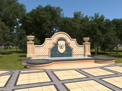Decorative Garden Feature Wall With Arched Stone Design Emblem And Lush Trees Surroundings 3d model