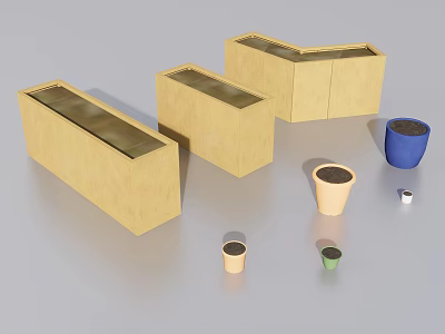 Yellow Rectangular Planter Boxes And Colorful Flower Pots Of Various Sizes For Plants 3d model