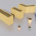 Yellow Rectangular Planter Boxes And Colorful Flower Pots Of Various Sizes For Plants