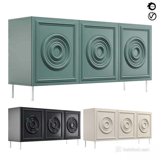 Modern Chest of Drawers With Green Black Beige Three Drawers Circular Patterns and Metal Legs 3d model 