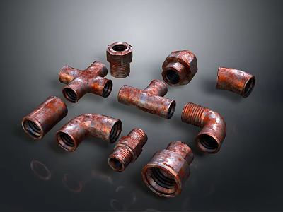 Rustic Vintage Lighting Fixture Set with Rusted Brass Pipe Fittings in Reddish Brown 3d model
