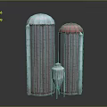 Agricultural Storage Silos With Light Blue Red Roofs And Small White Silo Structure
