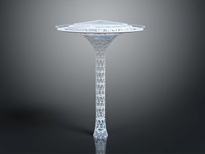 Cartoon Scene With White Grid Tower Round Top Platform And Shiny Surface Design 3d model