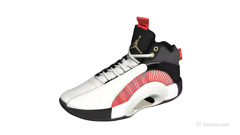 High Top Sneakers With White Black Red Color Scheme Curved Sole And Logo Detail Design 3d model 