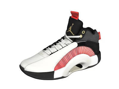 High Top Sneakers With White Black Red Color Scheme Curved Sole And Logo Detail Design 3d model