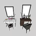 Modern White And Dark Dressing Tables With Mirrors Drawers Lamps Cosmetics Chairs And Plants