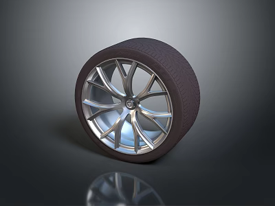 Black Rubber Tire With Silver Alloy Wheel And Reflective Rim Design 3d model