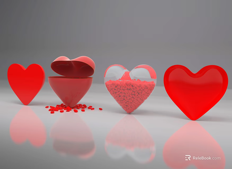 Red Heart Shaped Decorative Ornament Set with Open Lids and Scattered Small Red Particles 3d model 