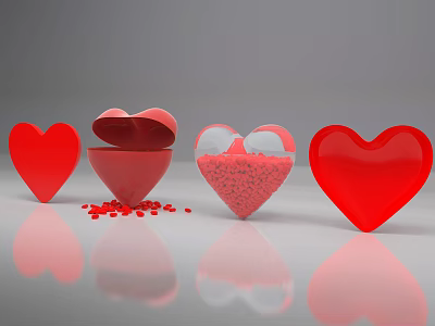 Red Heart Shaped Decorative Ornament Set with Open Lids and Scattered Small Red Particles 3d model
