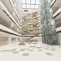 Modern Atrium Interior With Glass Elevator And Multi Level Walkways 3d model