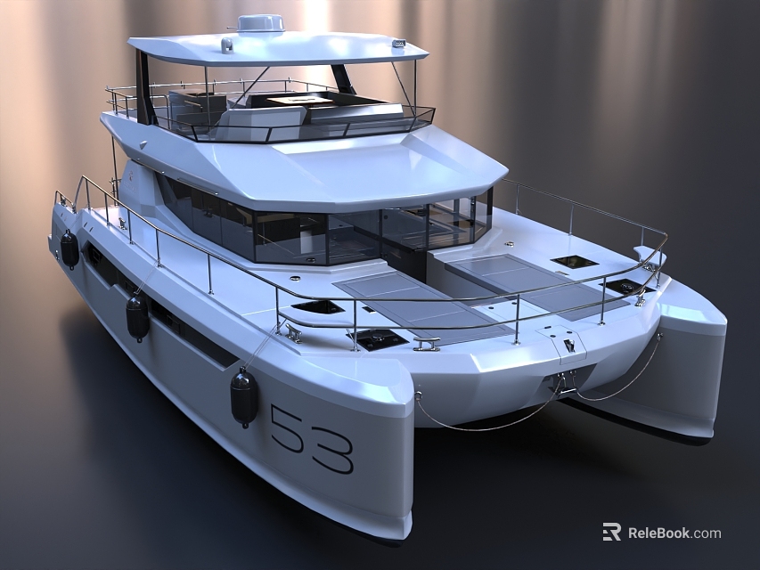 Luxury 63ft Catamaran Yacht White Exterior Spacious Deck Upper Structure And Railing Design 3d model 