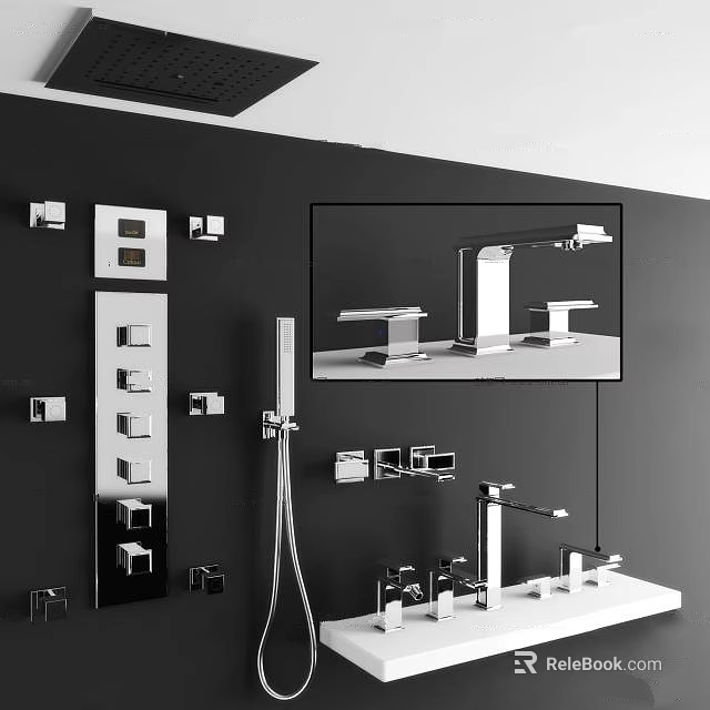 Modern Chrome Shower System With Control Panel And Handheld Sprayer In Bathroom 3d model 