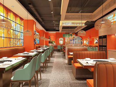 Modern Style Hotpot Restaurant with Orange Walls Green Chairs Open Layout Pendant Lights and Mural Decorations 3d model