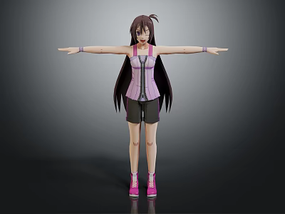 3D Female Character With Long Dark Hair Arms Outstretched In Pink Corset And Black Shorts 3d model