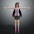 3D Female Character With Long Dark Hair Arms Outstretched In Pink Corset And Black Shorts