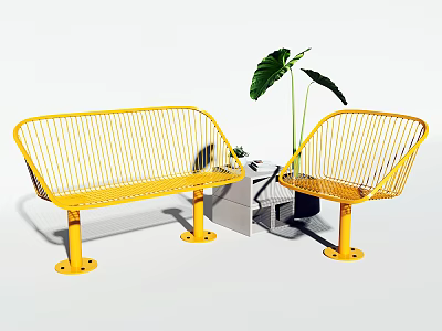 Modern Yellow Metal Lounge Chairs With Leafy Plant And Side Table 3d model