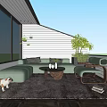 Cozy Home Balcony with Green Sofa Rug Dog Hanging Plants Wooden Floor and Tree View
