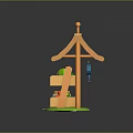 Wooden Fruit Stand with Striped Awning Colorful Pennant Flags Fruits in Compartments and Wooden Barrel