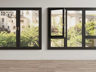 Modern Casement Windows With Black Frames And Clear Glass Showing Outdoor Trees And Buildings 3d model