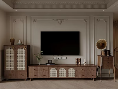 Elegant Wooden TV Stand with Drawers Cabinets Decorative Wall Paneling TV and Vintage Gramophone 3d model
