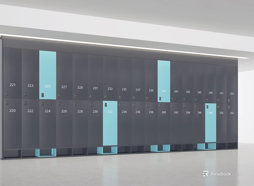 Gray Storage Lockers With Blue Doors And Numbered Compartments In Facility 3d model