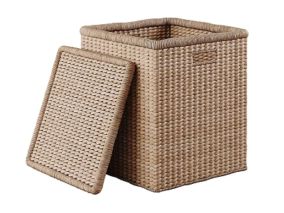 Natural Woven Square Storage Basket With Lid For Home Organization 3d model