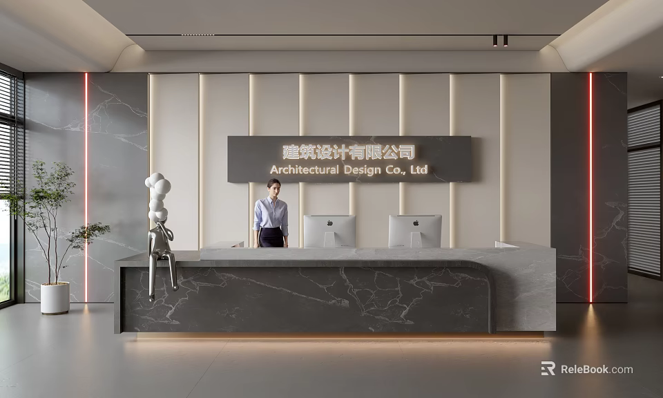 Modern Front Desk Reception Interior Design With Sleek Counter And Workstation Computers 3d model 