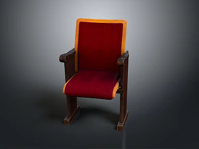 Red Cushioned Stool With Yellow Trim Wooden Armrests And Dark Brown Legs 3d model
