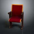Red Cushioned Stool With Yellow Trim Wooden Armrests And Dark Brown Legs