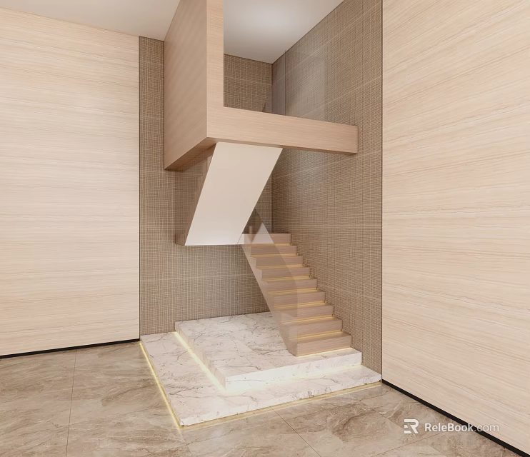 Modern Spiral Staircase Design With Wooden Walls Marble Floor And Glass Railing 3d model 